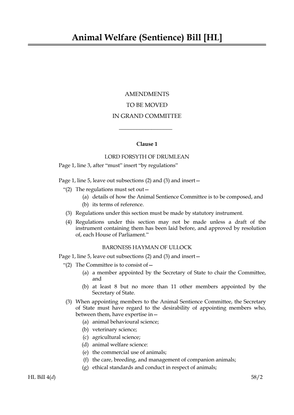 Animal Welfare (Sentience) Bill Amendments to be moved in Grand Committee