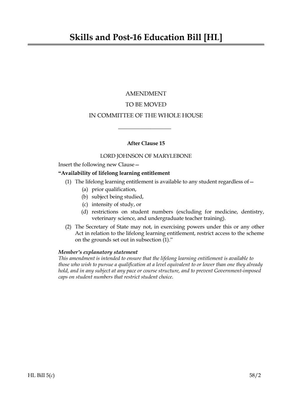 Skills and Post-16 Education Bill Amendment to be moved in Committee of the Whole House
