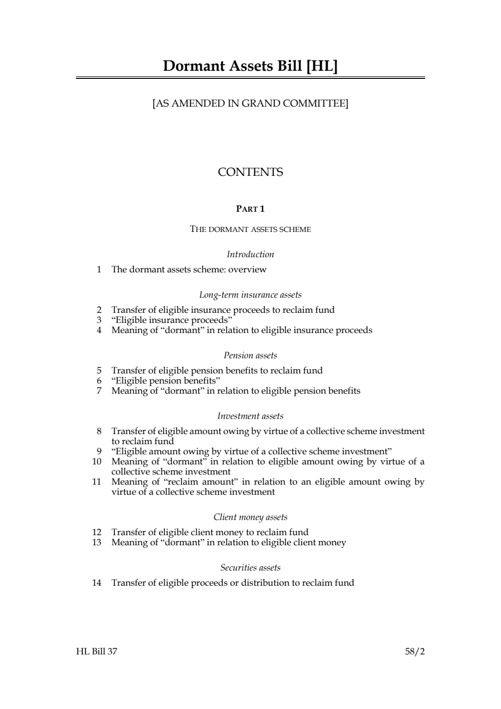 Dormant Assets Bill [as amended in Grand Committee]