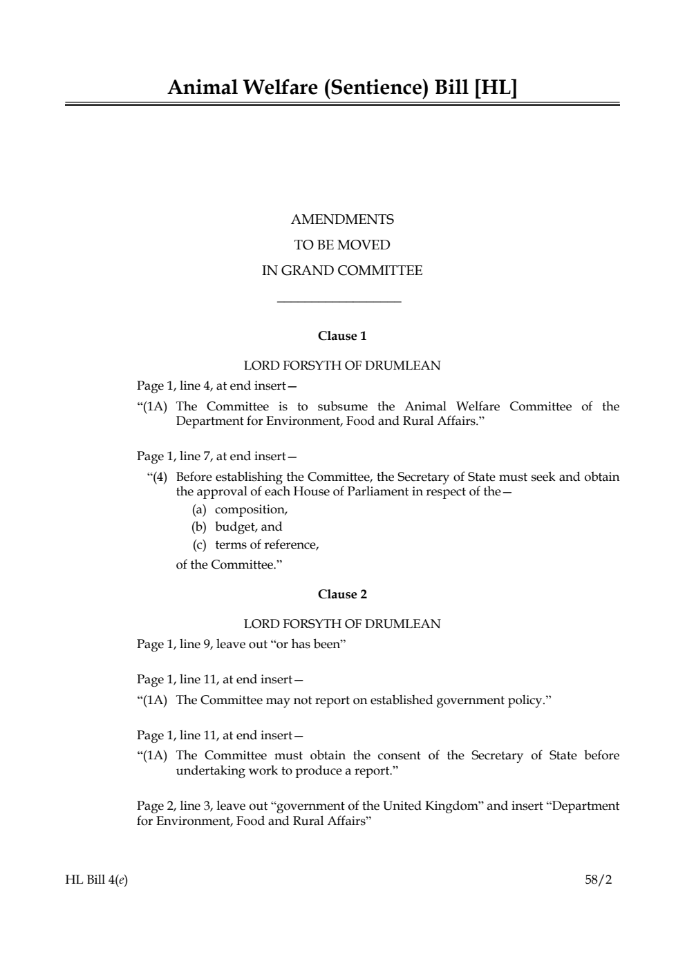 Animal Welfare (Sentience) Bill Amendments to be moved in Grand Committee