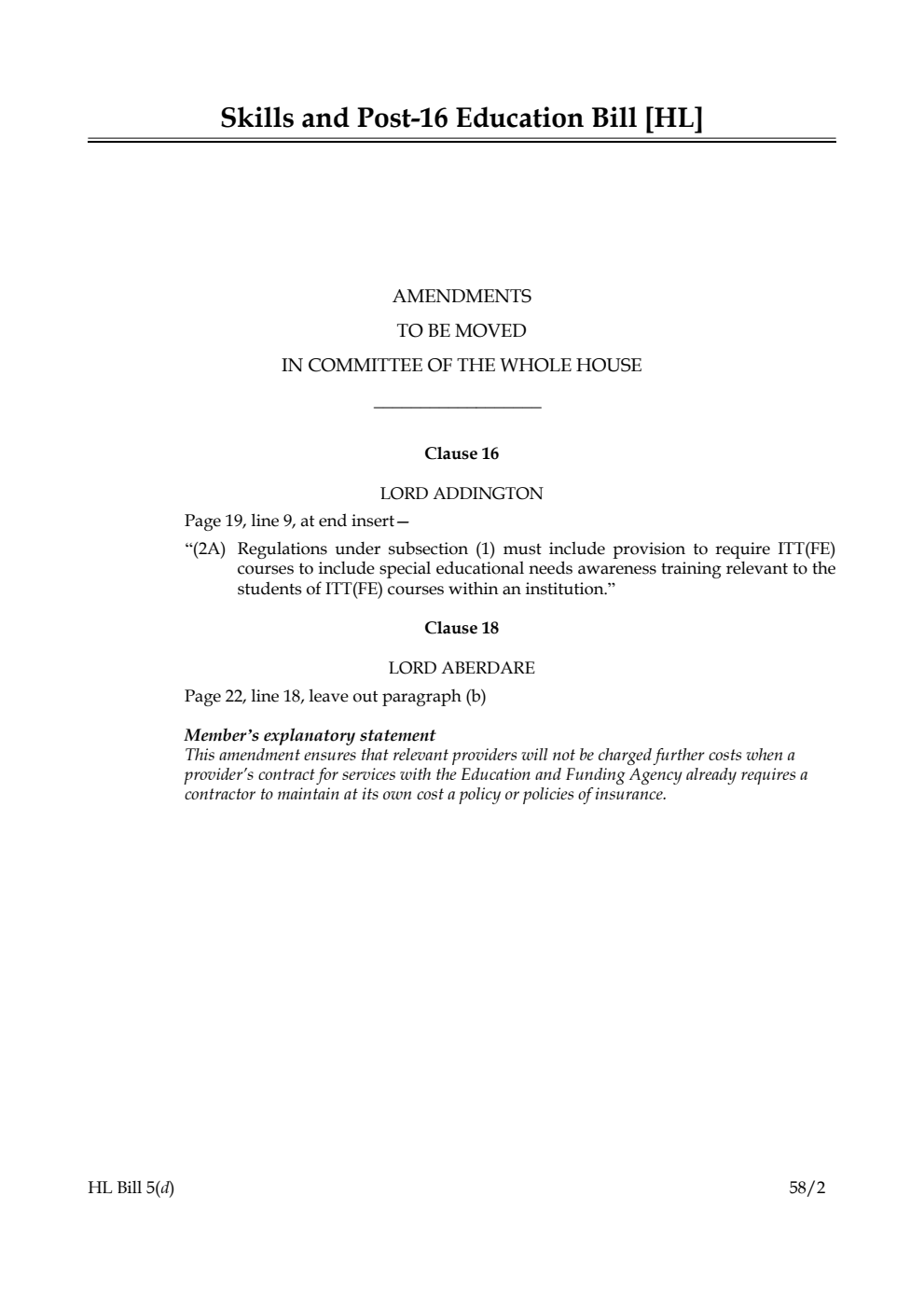 Skills and Post-16 Education Bill Amendments to be moved in Committee of the Whole House