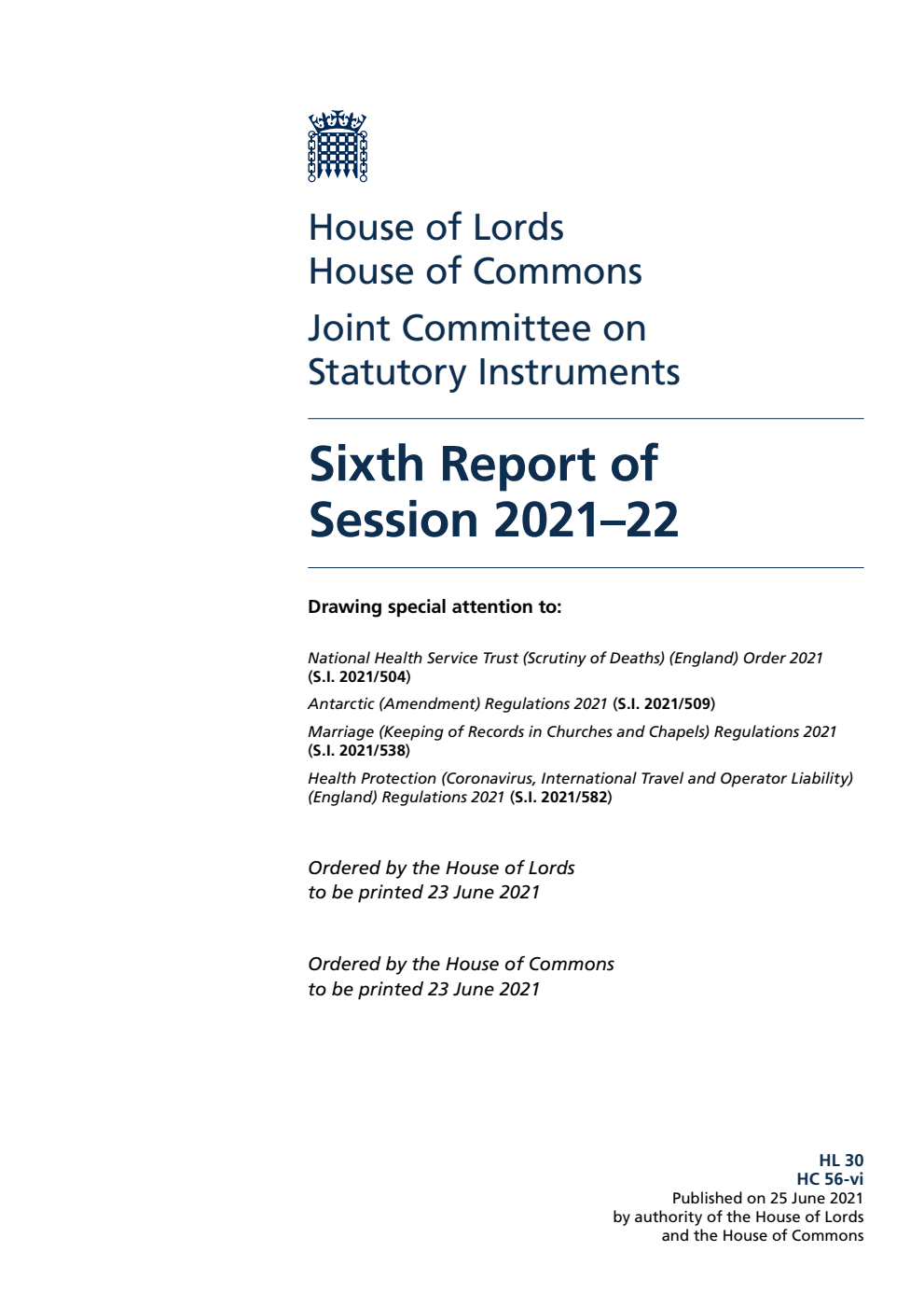 Joint Committee on Statutory Instruments 6th Report of Session 2021-22