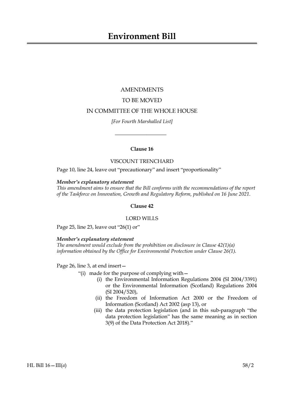 Environment Bill Amendments to be moved in Committee of the Whole House