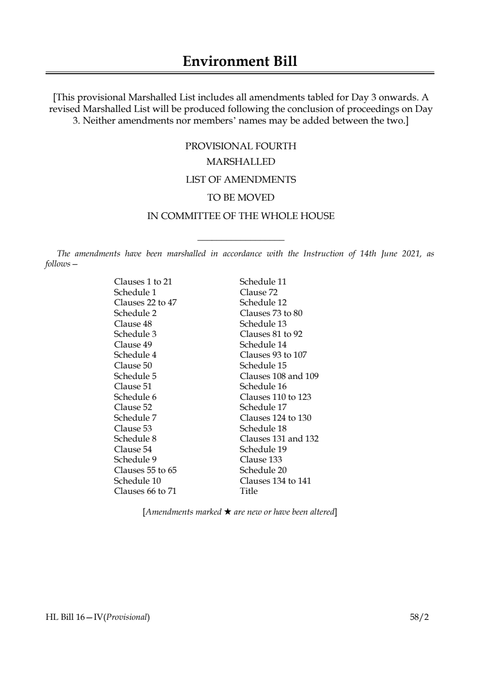 Environment Bill Provisional Fourth Marshalled List of Amendments to be moved in Committee of the Whole House