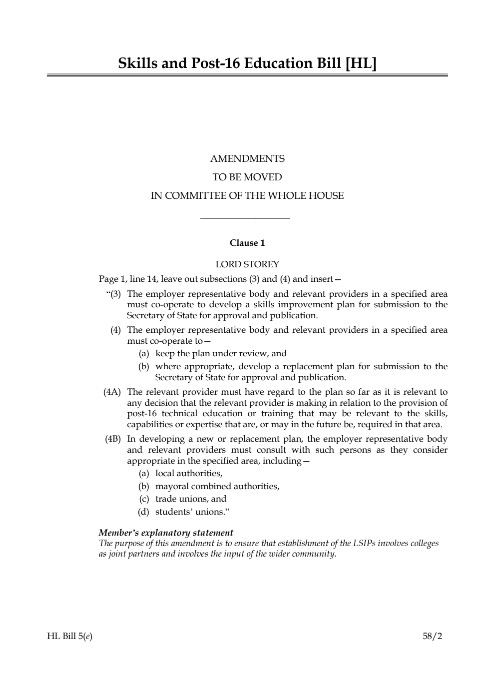 Skills and Post-16 Education Bill Amendments to be moved in Committee of the Whole House