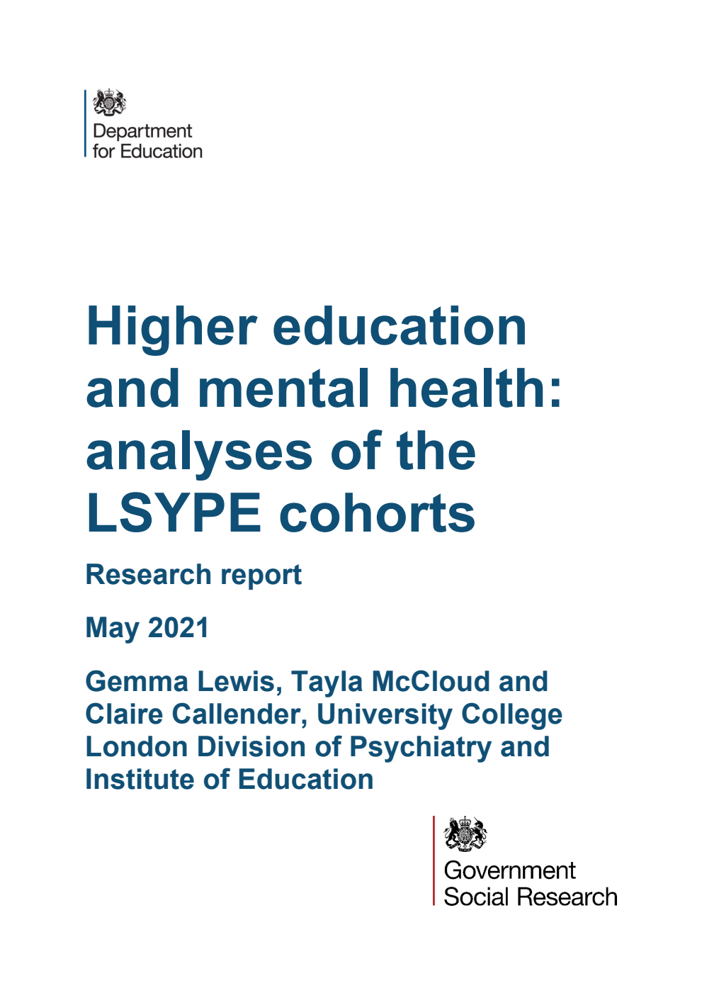 DFE-RR1142 Higher education and mental health: analyses of the LSYPE cohorts. Research report. May 2021