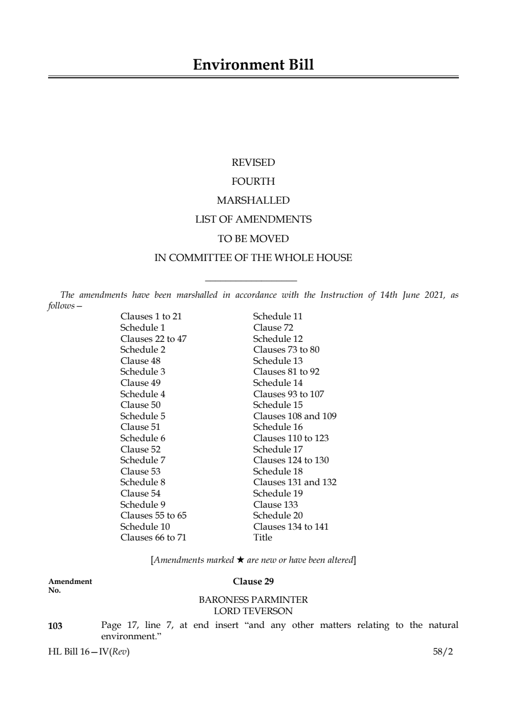 Environment Bill Revised Fourth Marshalled List of Amendments to be moved in Committee of the Whole House