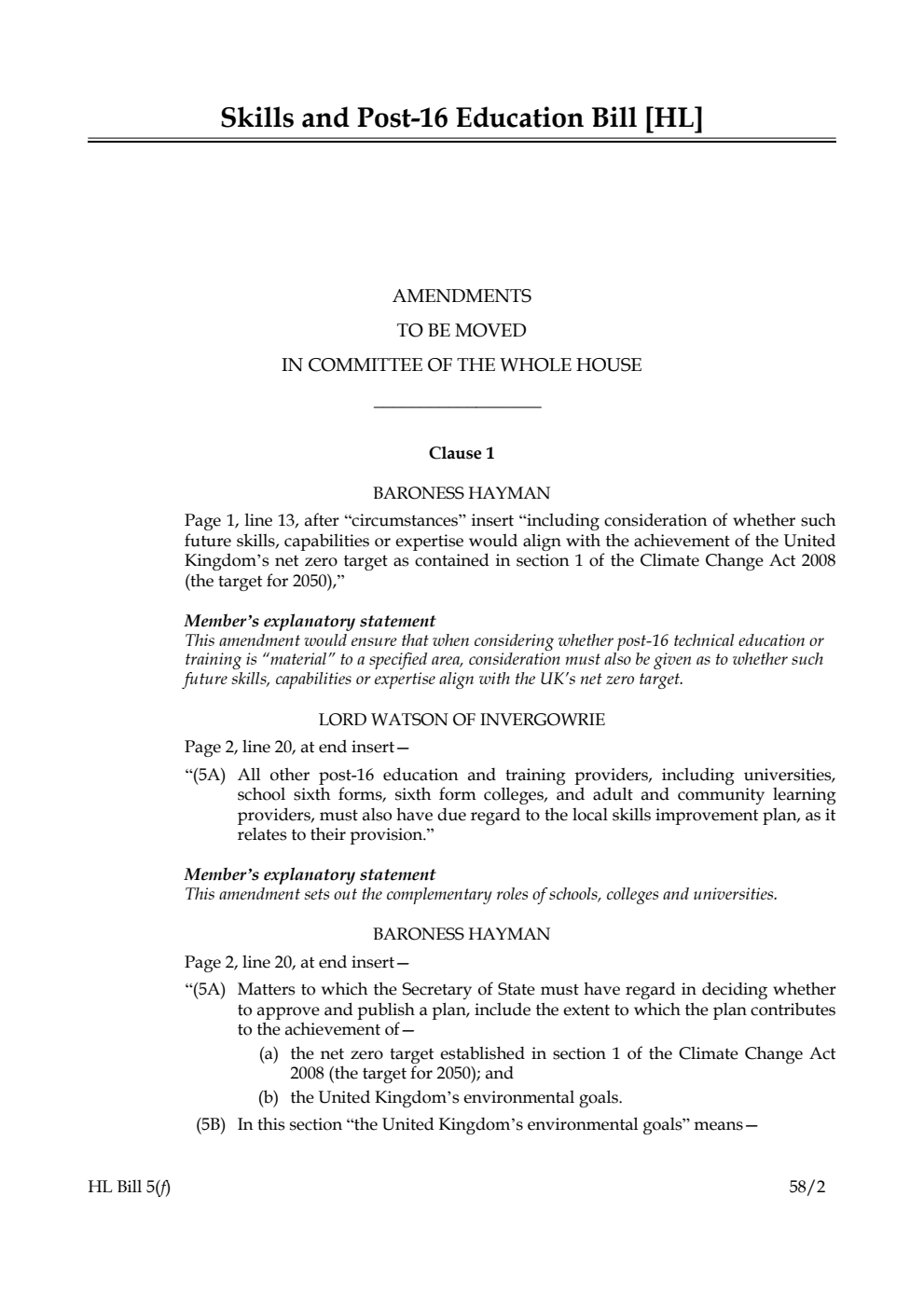 Skills and Post-16 Education Bill Amendments to be moved in Committee of the Whole House