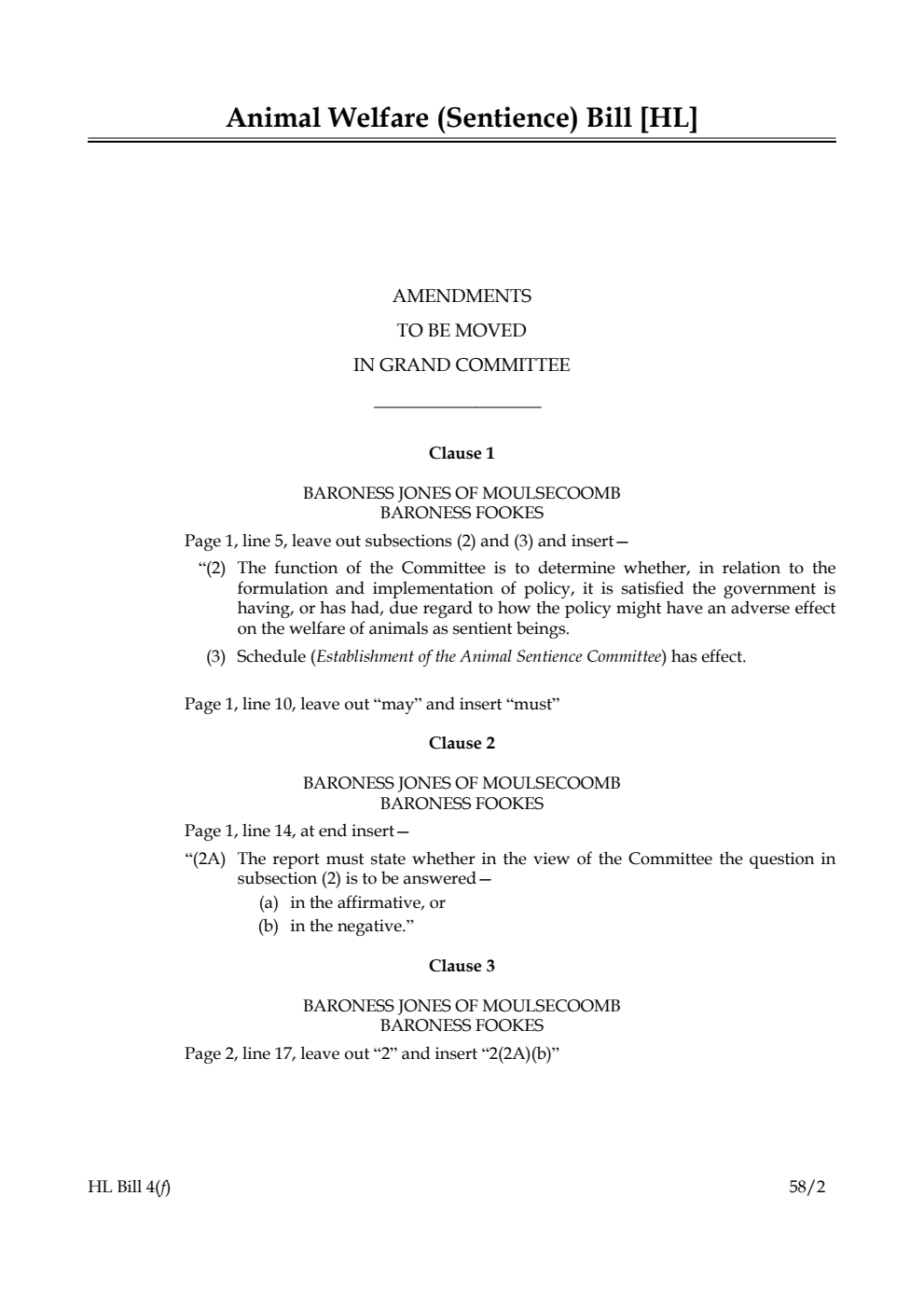 Animal Welfare (Sentience) Bill Amendments to be moved in Grand Committee