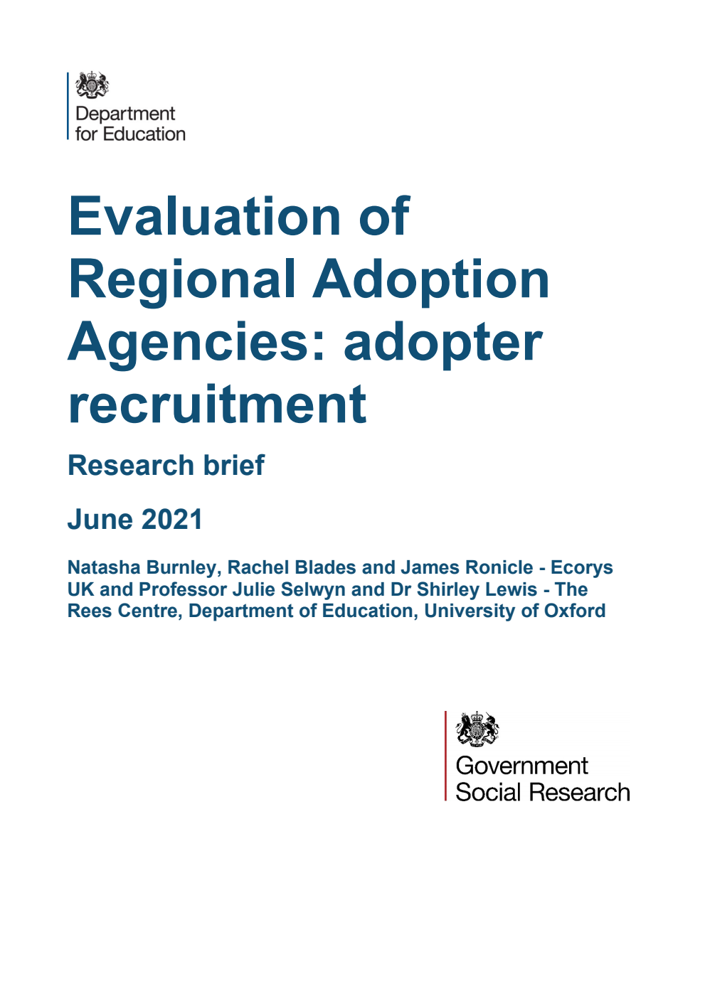 DFE-RR1136 Evaluation of Regional Adoption Agencies: adopter recruitment. Research brief. June 2021