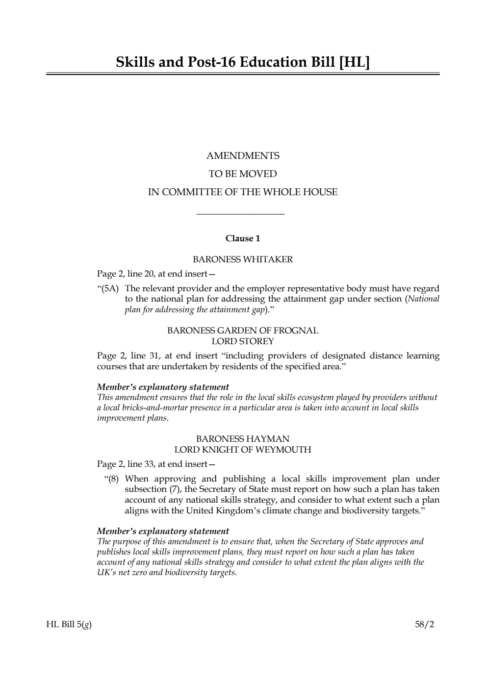 Skills and Post-16 Education Bill Amendments to be moved in Committee of the Whole House