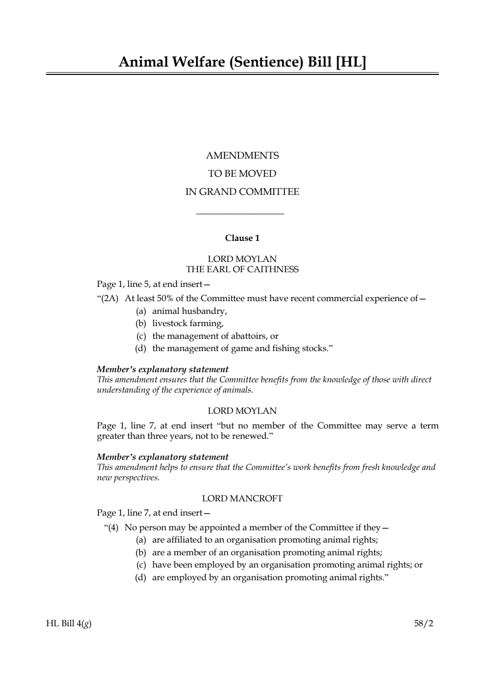 Animal Welfare (Sentience) Bill Amendments to be moved in Grand Committee