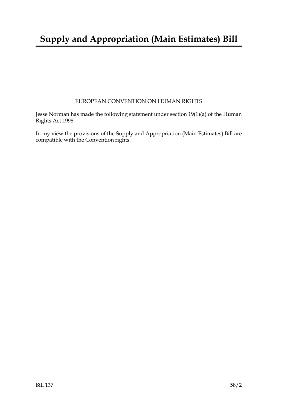 Supply and Appropriation (Main Estimates) Bill