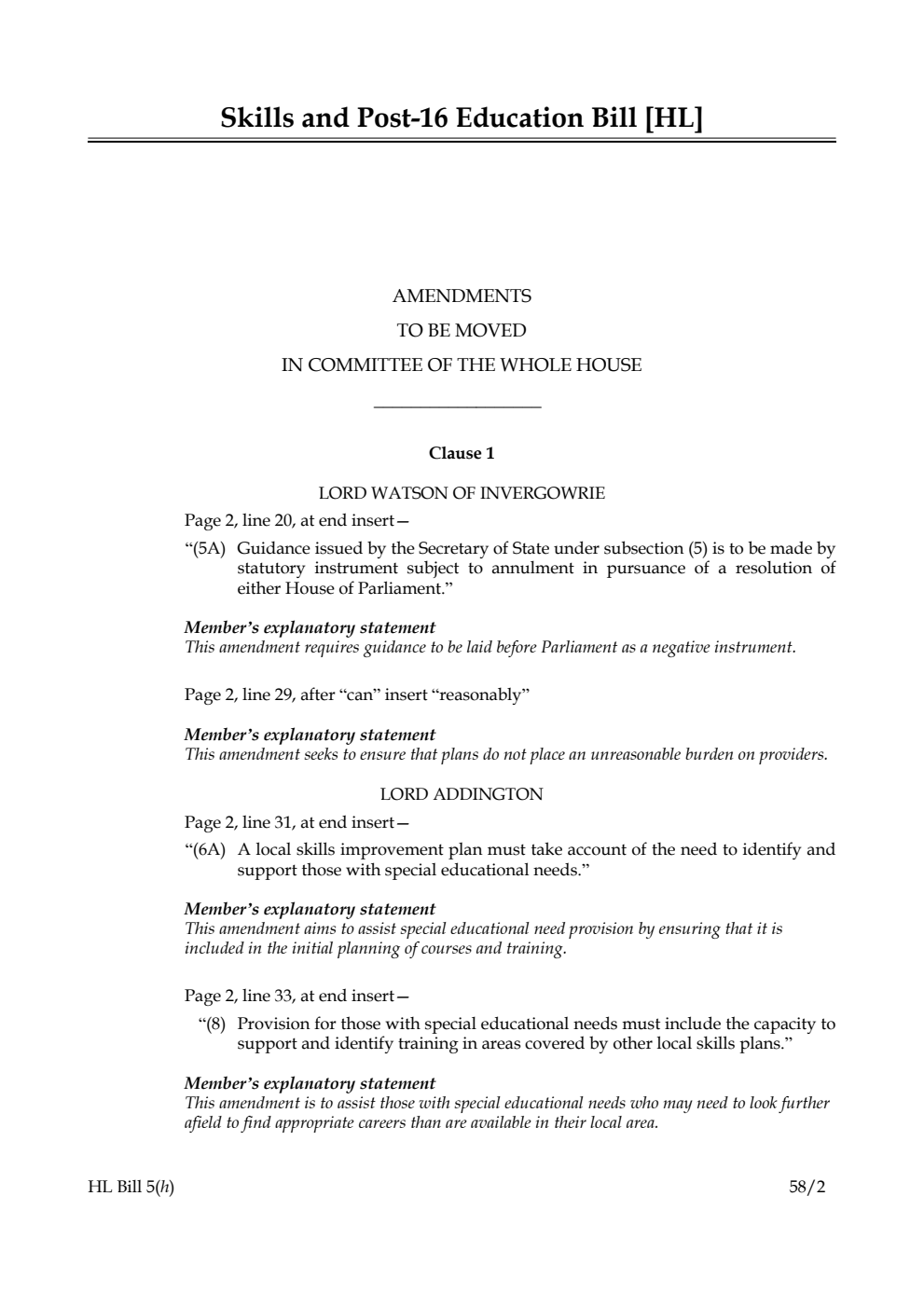 Skills and Post-16 Education Bill Amendments to be moved in Committee of the Whole House