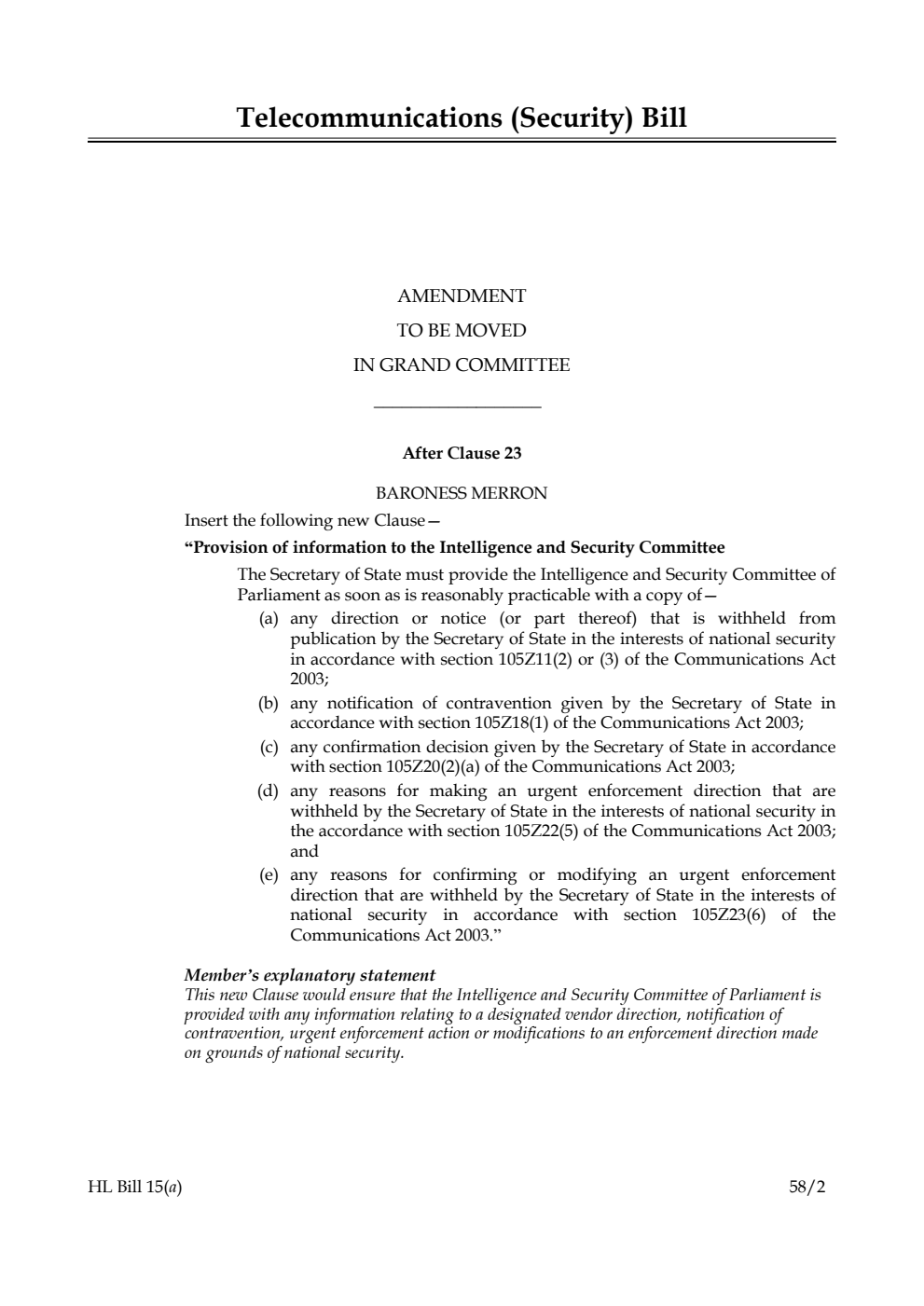 Telecommunications (Security) Bill Amendment to be moved in Grand Committee