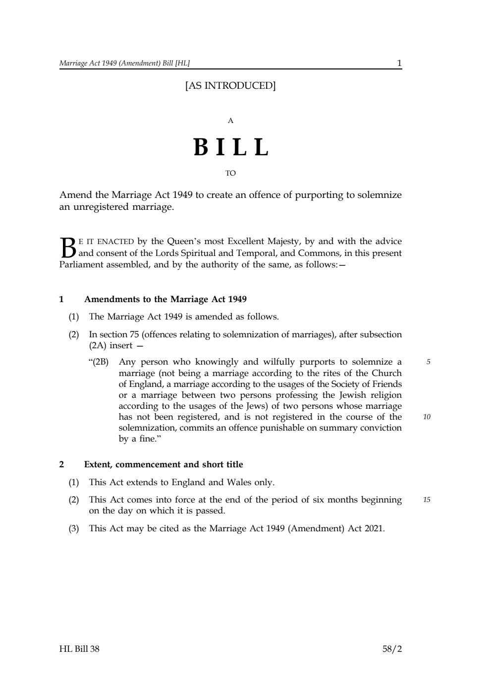 Marriage Act 1949 (Amendment) Bill