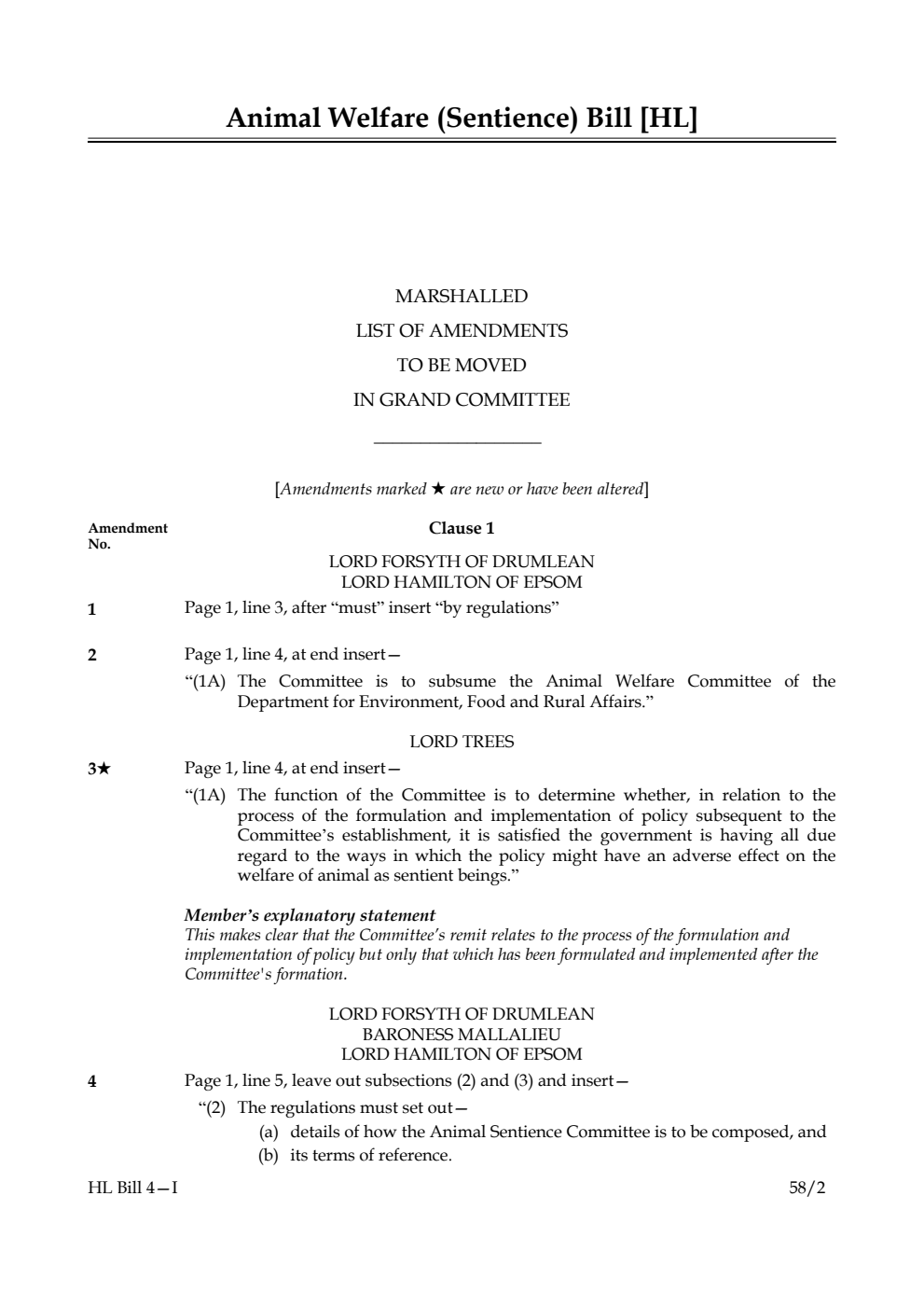 Animal Welfare (Sentience) Bill Marshalled List of Amendments to be moved in Grand Committee