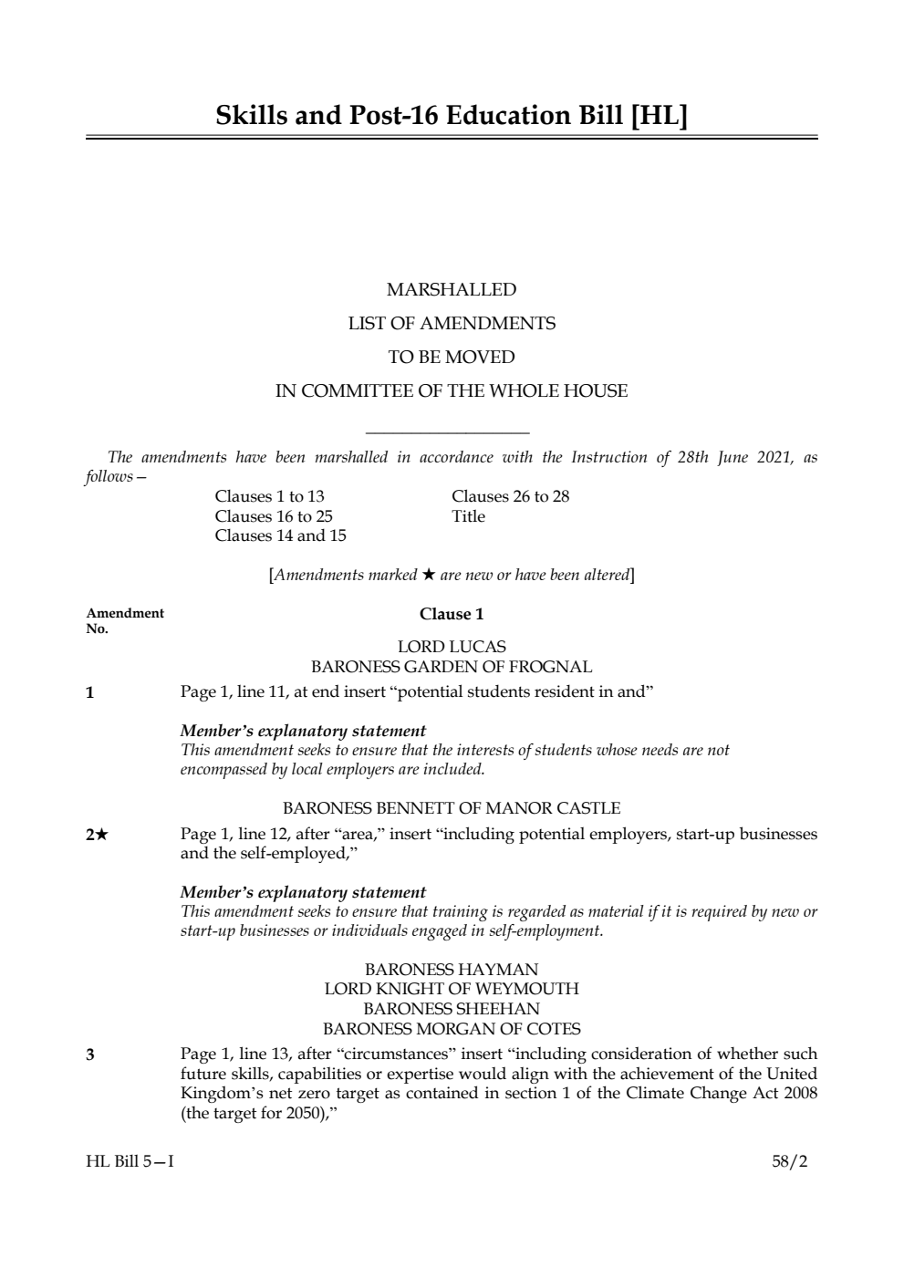 Skills and Post-16 Education Bill Marshalled List of Amendments to be moved in Committee of the Whole House