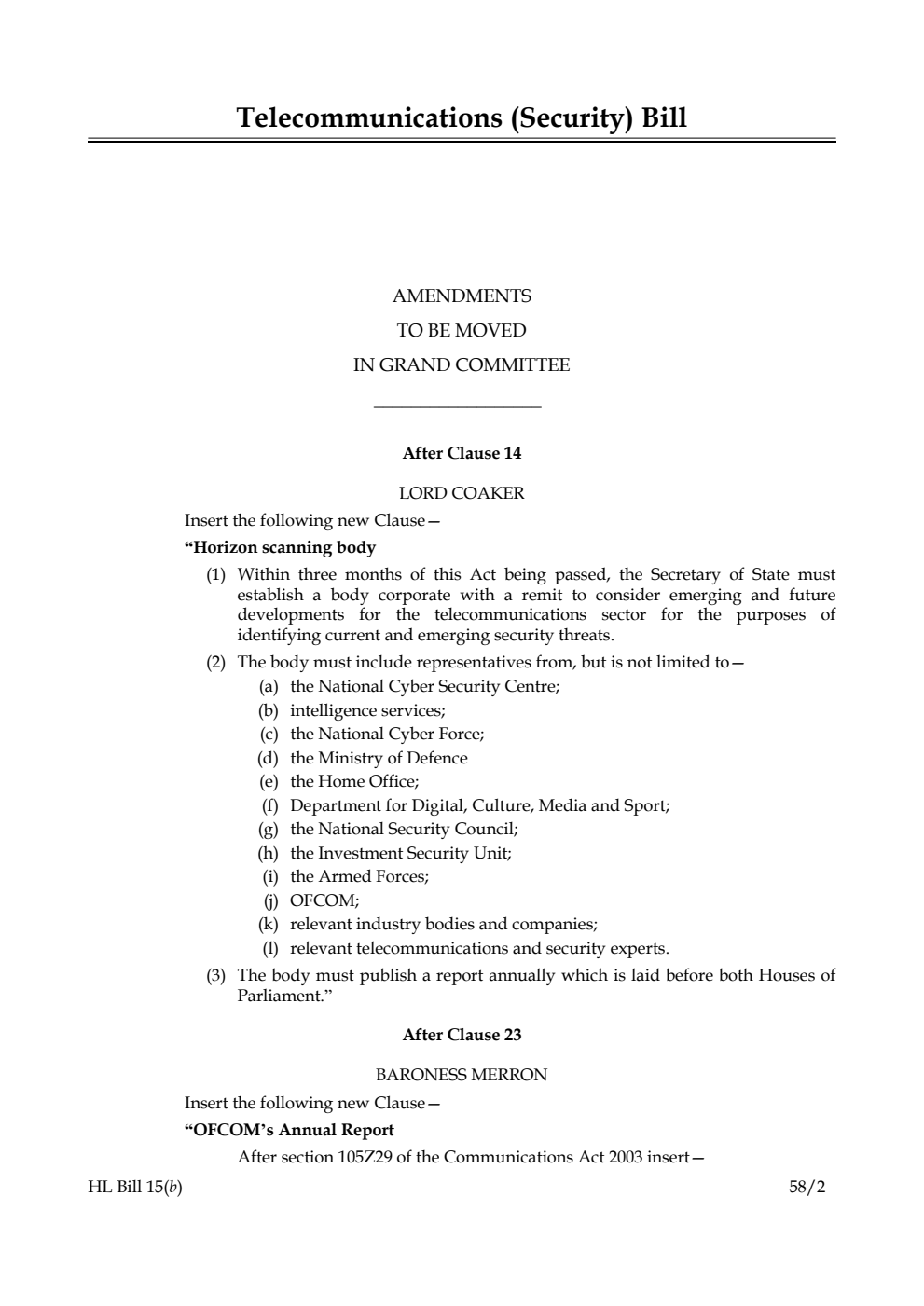 Telecommunications (Security) Bill Amendments to be moved in Grand Committee