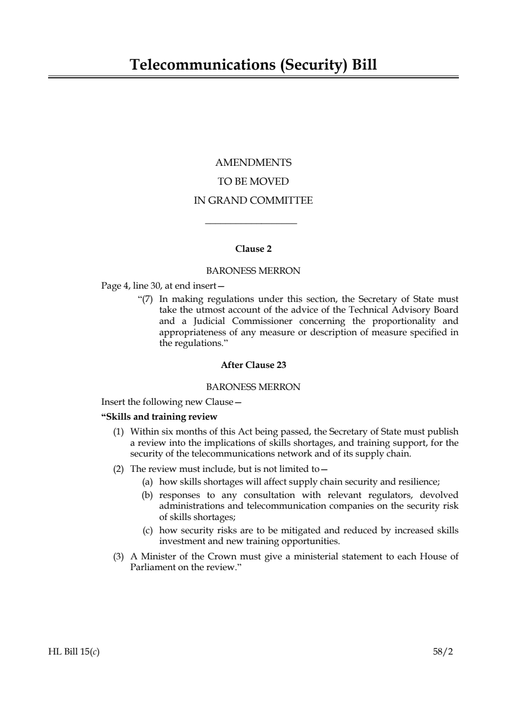 Telecommunications (Security) Bill Amendments to be moved in Grand Committee