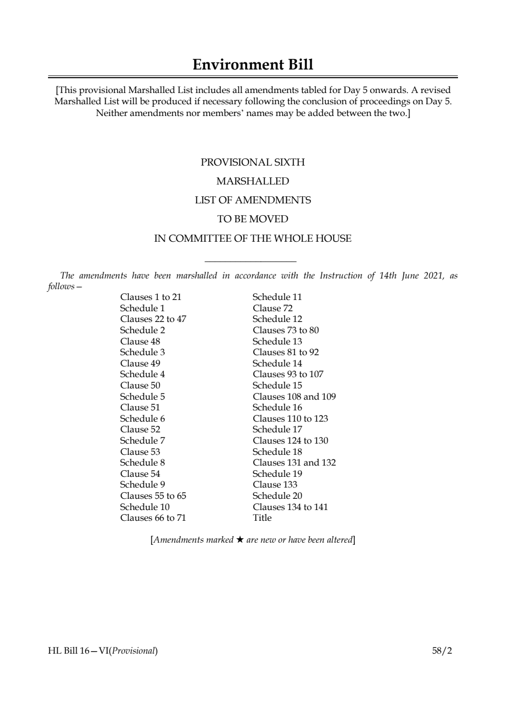 Environment Bill Provisional Sixth Marshalled List of Amendments to be moved in Committee of the Whole House
