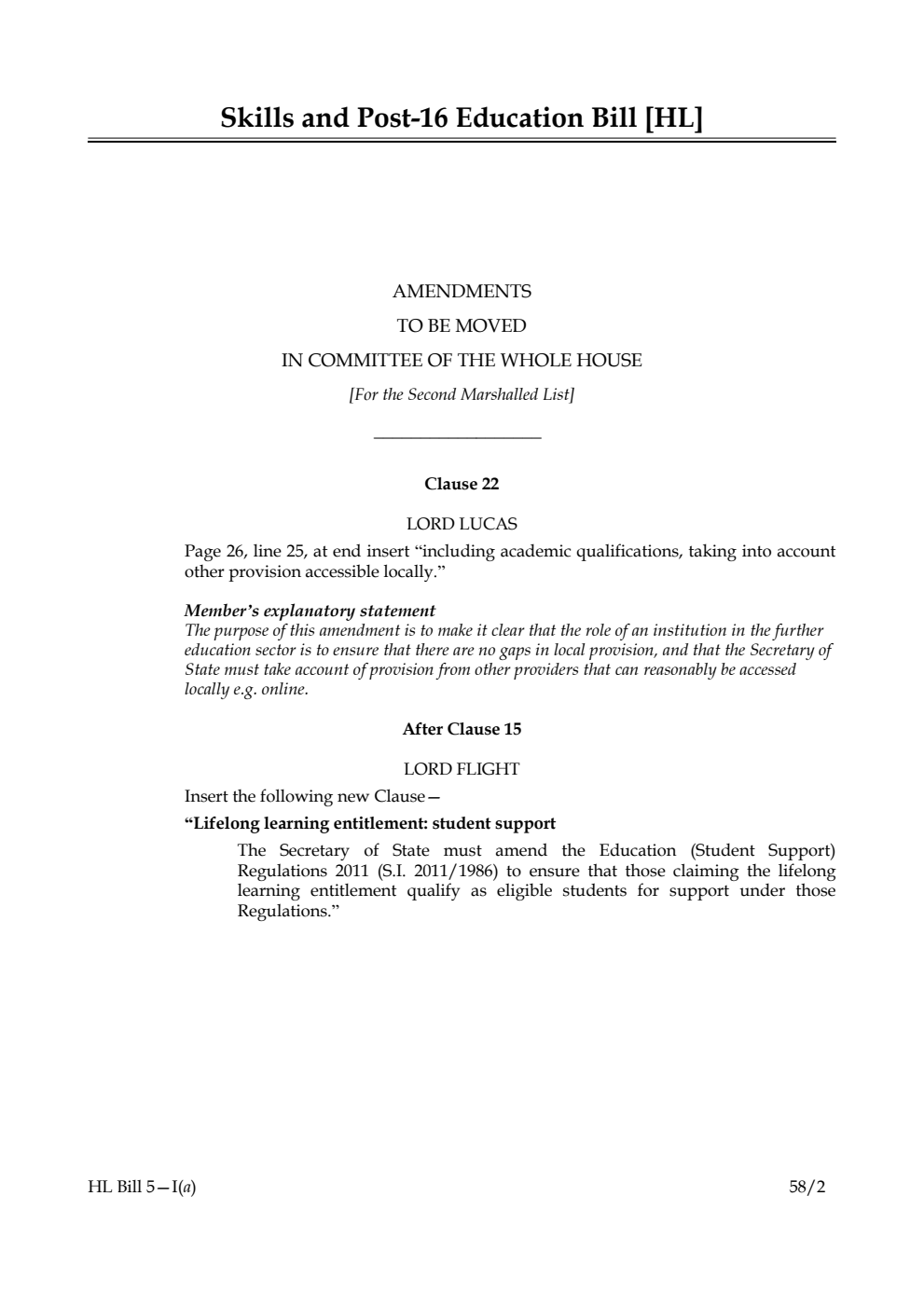 Skills and Post-16 Education Bill Amendments to be moved in Committee of the Whole House