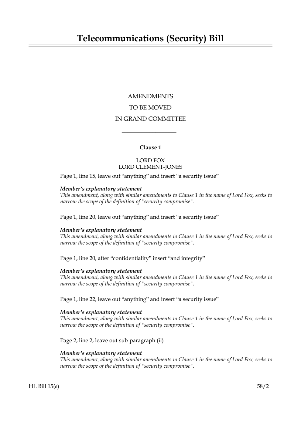 Telecommunications (Security) Bill Amendments to be moved in Grand Committee