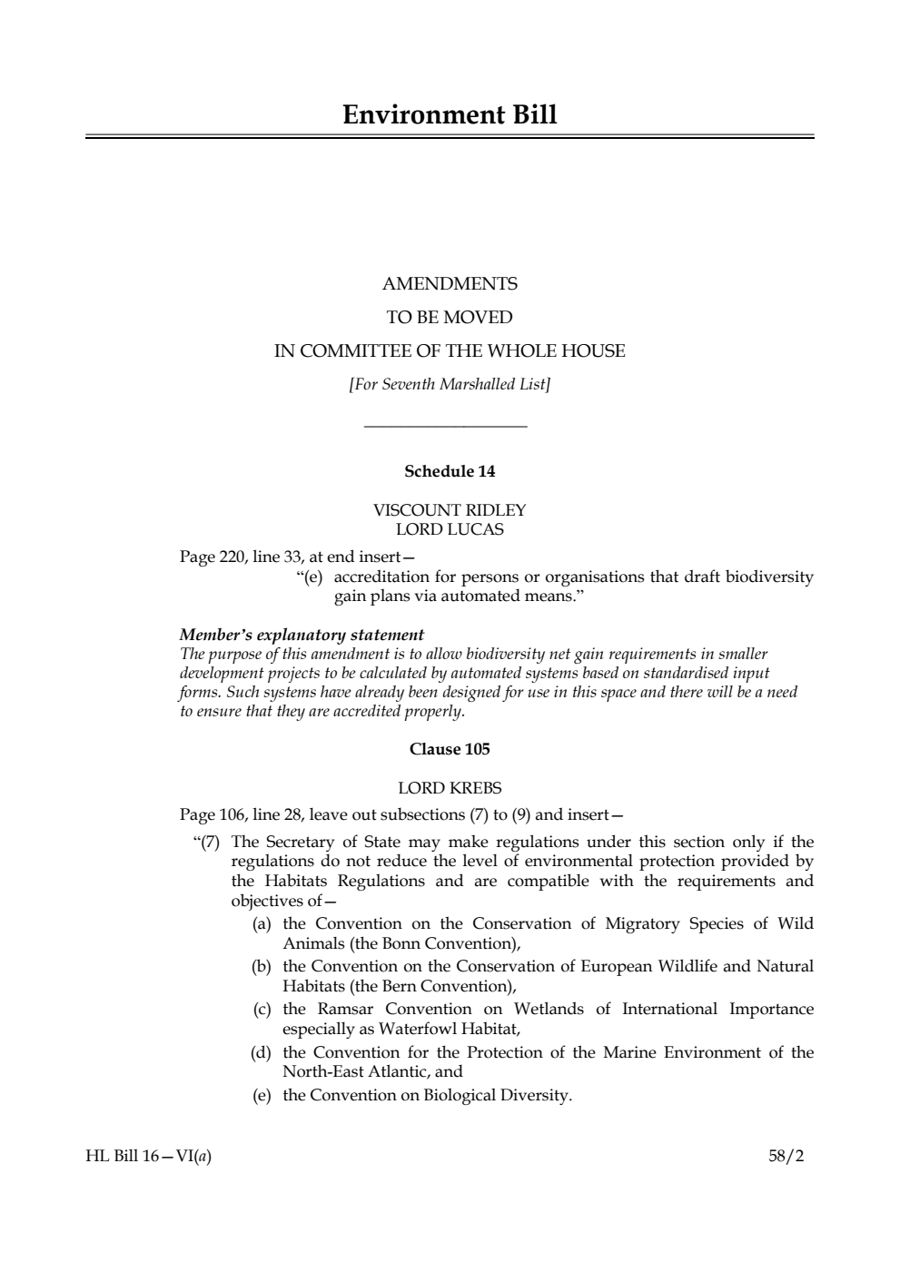 Environment Bill Amendments to be moved in Committee of the Whole House