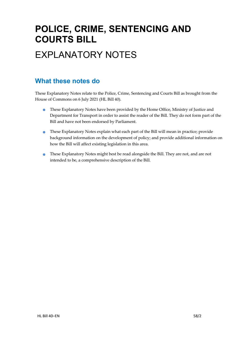 Police, Crime, Sentencing and Courts Bill Explanatory Notes
