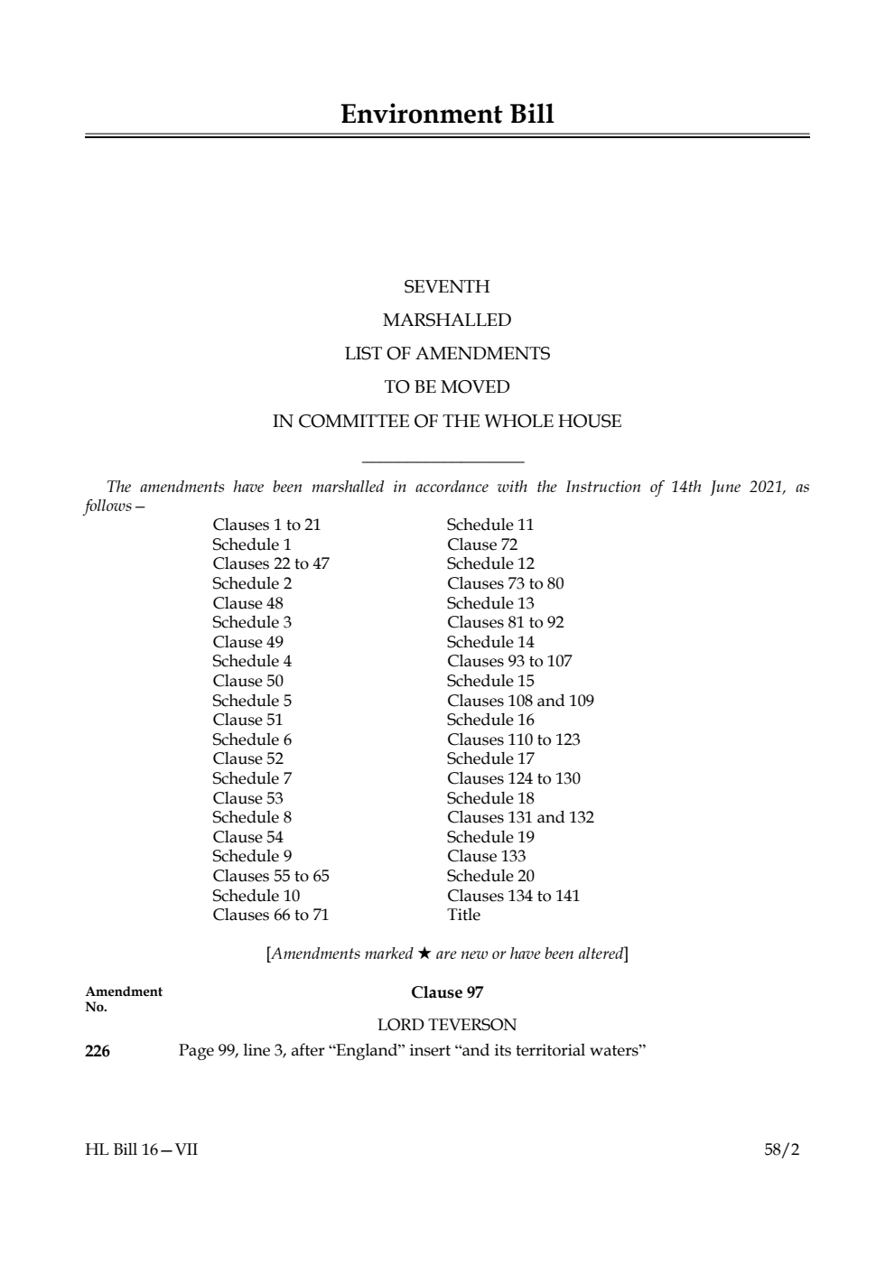 Environment Bill Seventh Marshalled List of Amendments to be moved in Committee of the Whole House