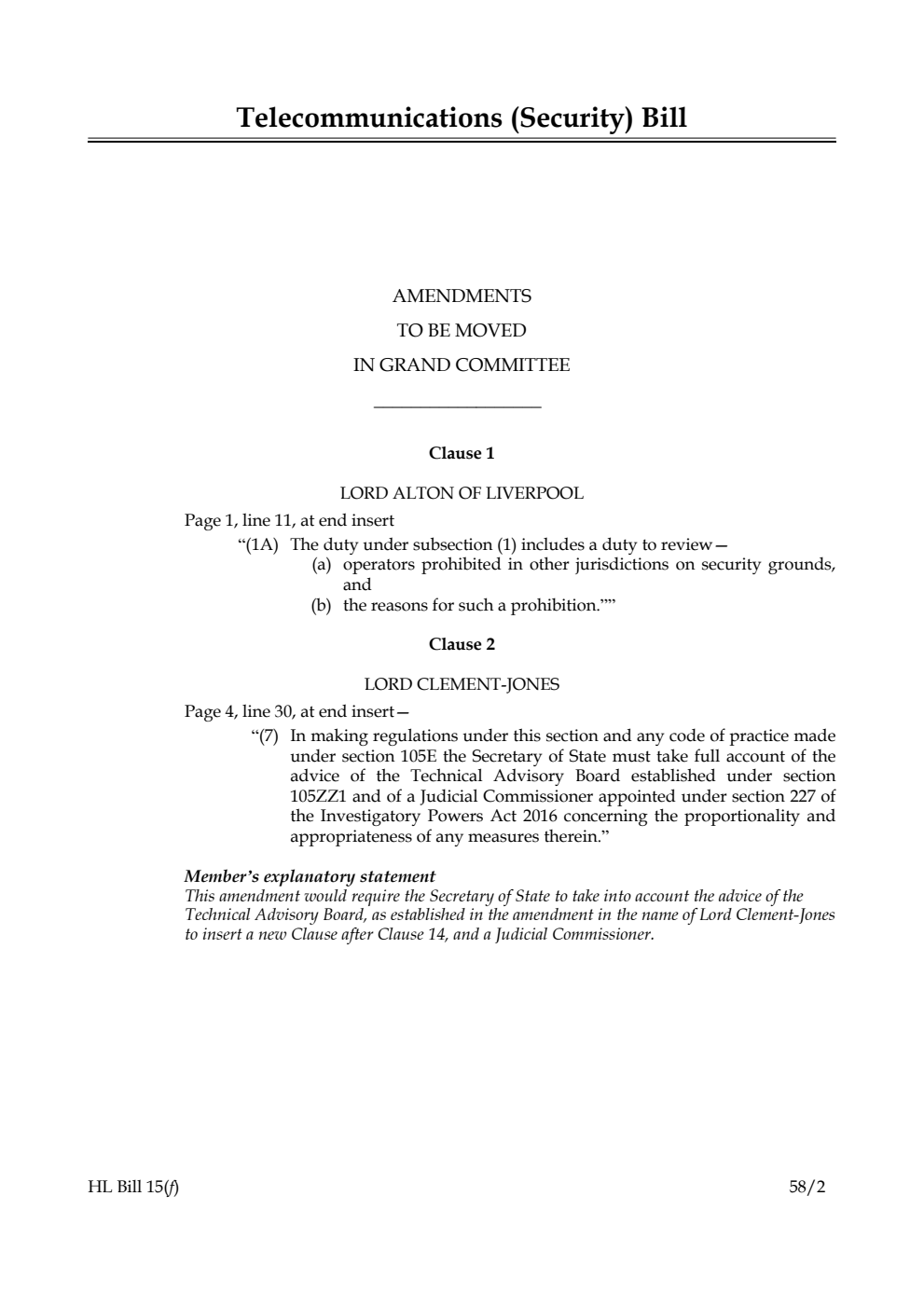 Telecommunications (Security) Bill Amendments to be moved in Grand Committee