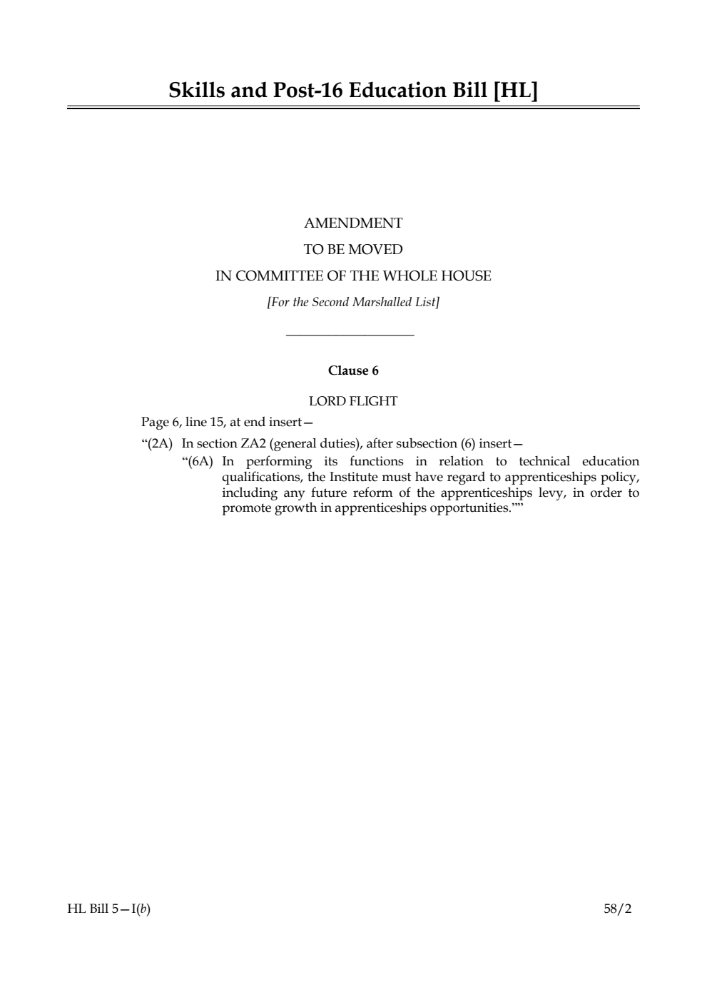 Skills and Post-16 Education Bill Amendment to be moved in Committee of the Whole House