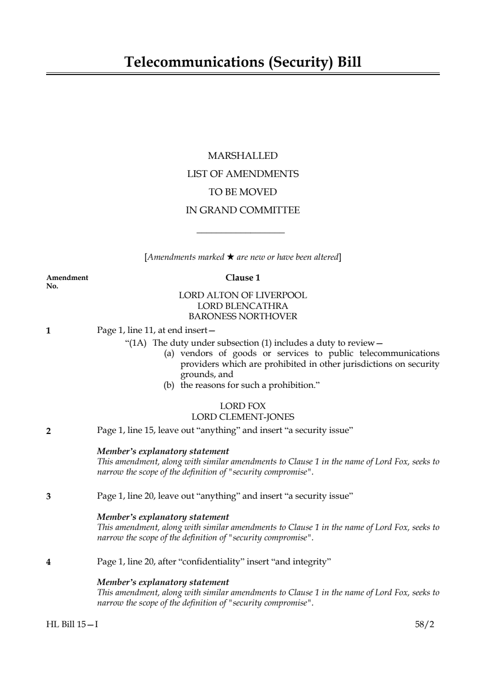 Telecommunications (Security) Bill Marshalled List of Amendments to be moved in Grand Committee