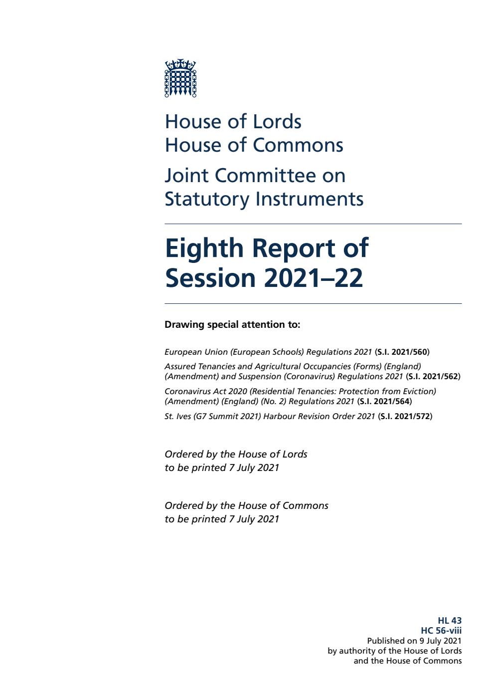 Joint Committee on Statutory Instruments 8th Report of Session 2021-22