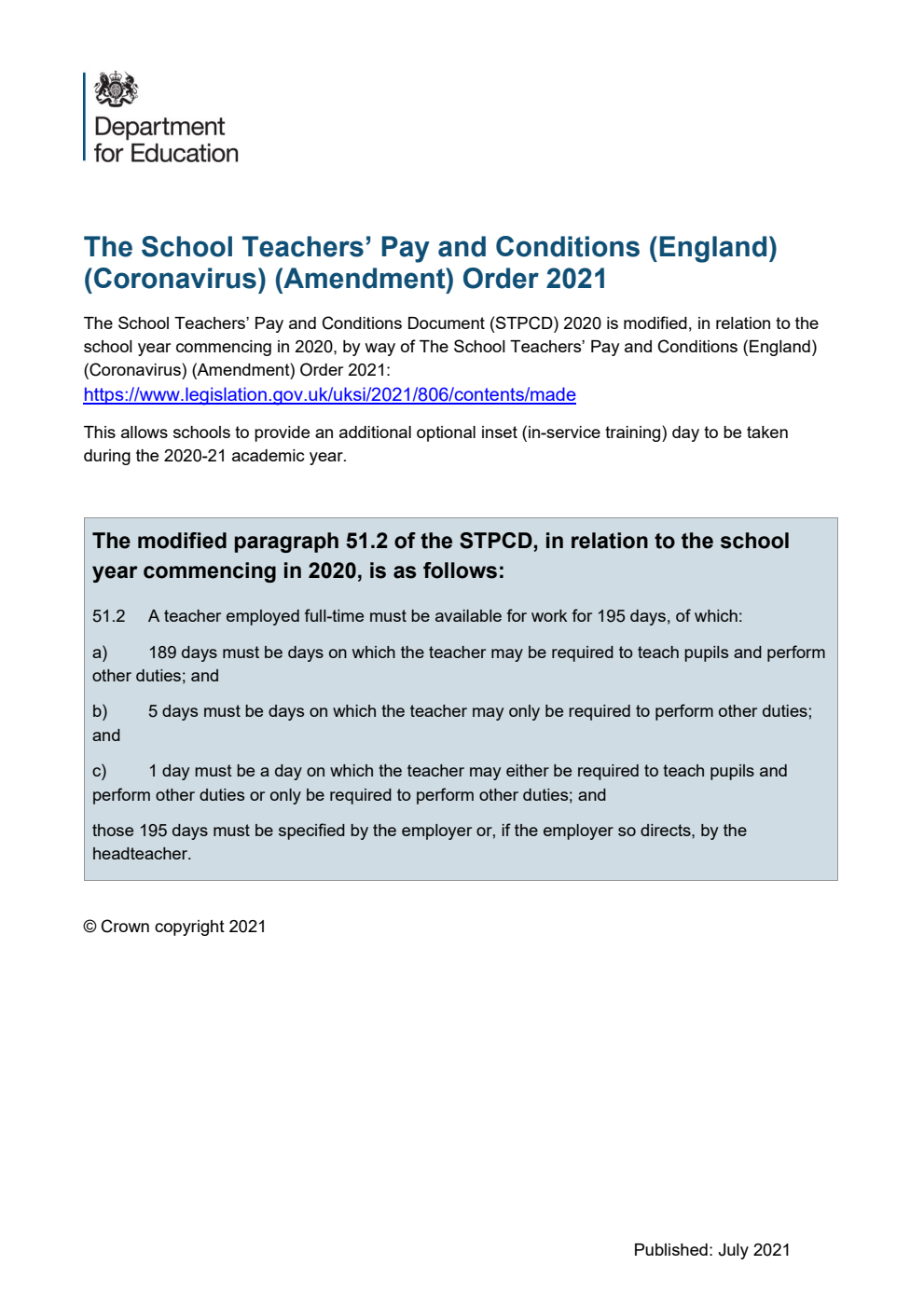 DFE-00157-2020 School teachers’ pay and conditions document 2020 and guidance on school teachers’ pay and conditions. Modification, July 2021