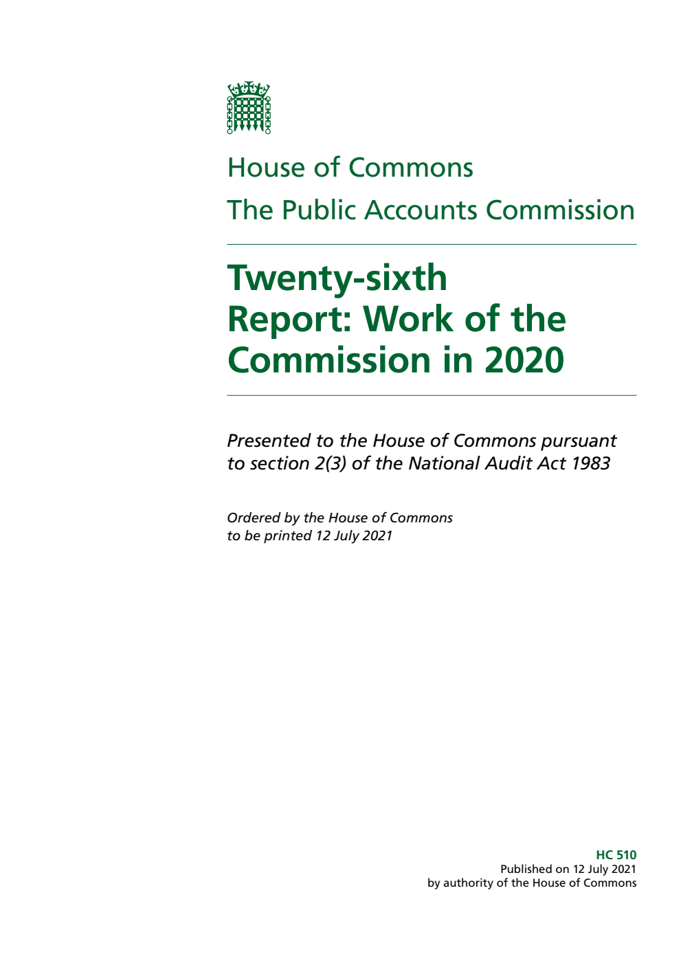 The Public Accounts Commission 26th Report. Work of the Commission in 2020