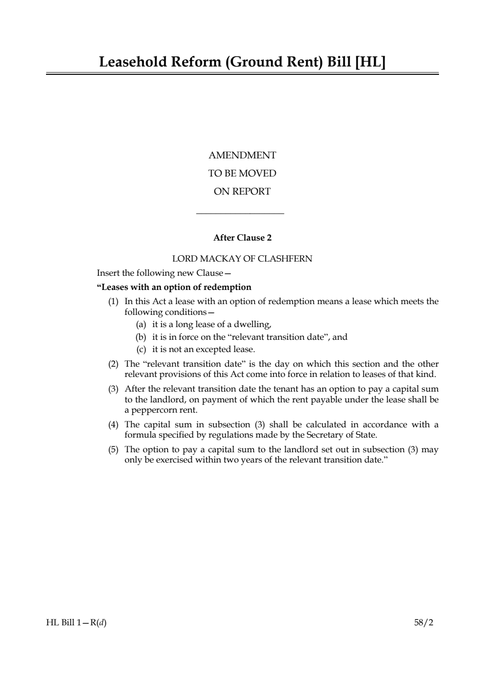 Leasehold Reform (Ground Rent) Bill Amendment to be moved on Report