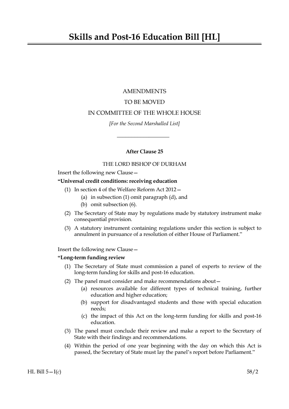 Skills and Post-16 Education Bill Amendments to be moved in Committee of the Whole House