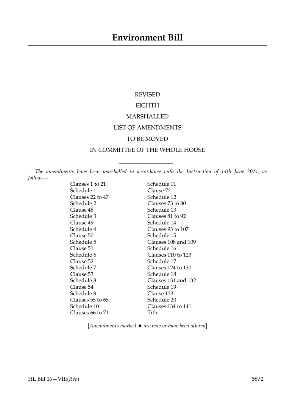 Environment Bill Revised Eighth Marshalled List of Amendments to be moved in Committee of the Whole House