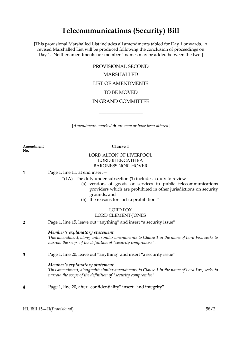 Telecommunications (Security) Bill Provisional Second Marshalled List of amendments to be moved in Grand Committee