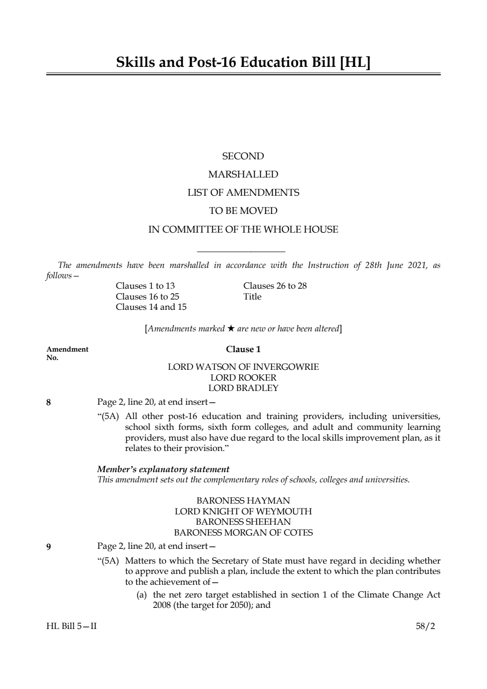 Skills and Post-16 Education Bill Second Marshalled List of Amendments to be moved in Committee of the Whole House