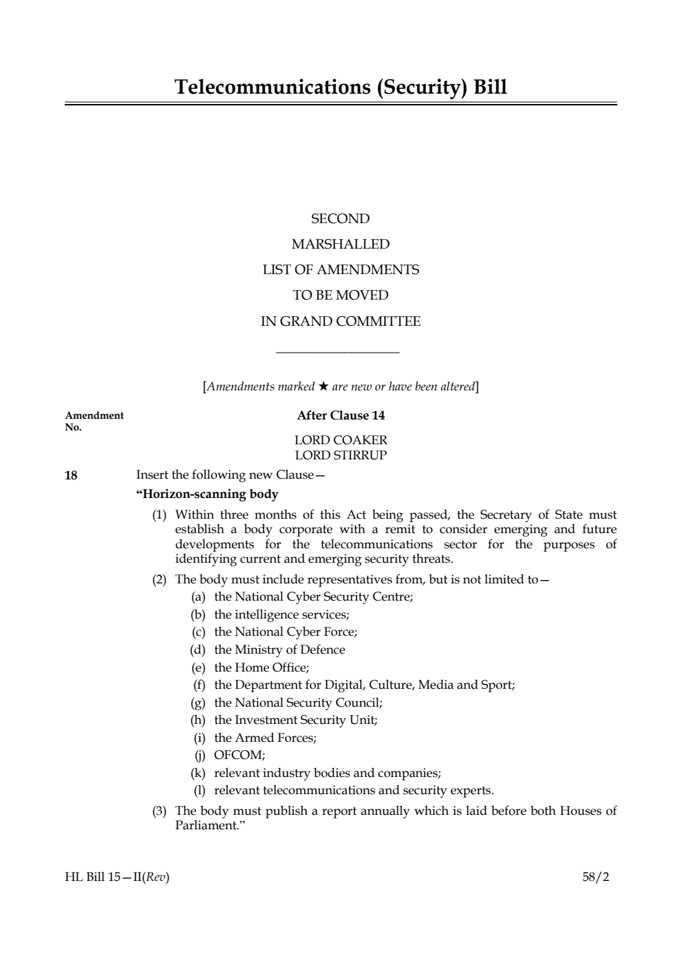 Telecommunications (Security) Bill Second Marshalled List of amendments to be moved in Grand Committee