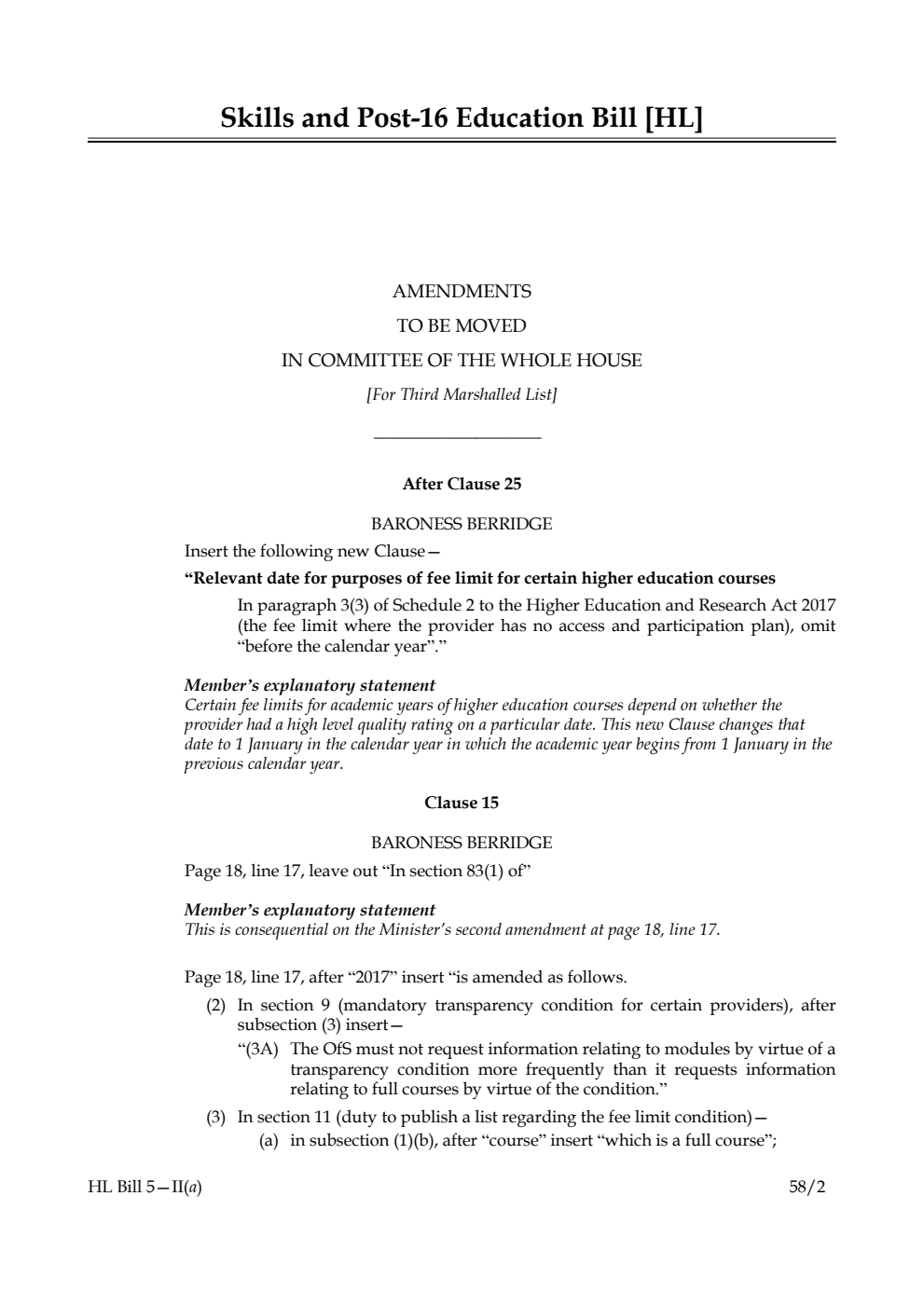 Skills and Post-16 Education Bill Amendments to be moved in Committee of the Whole House