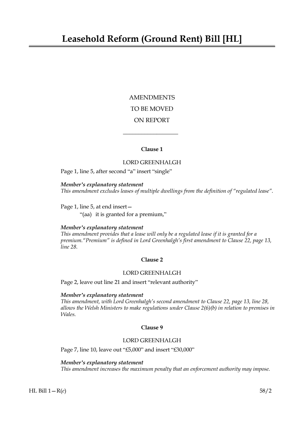Leasehold Reform (Ground Rent) Bill Amendments to be moved on Report