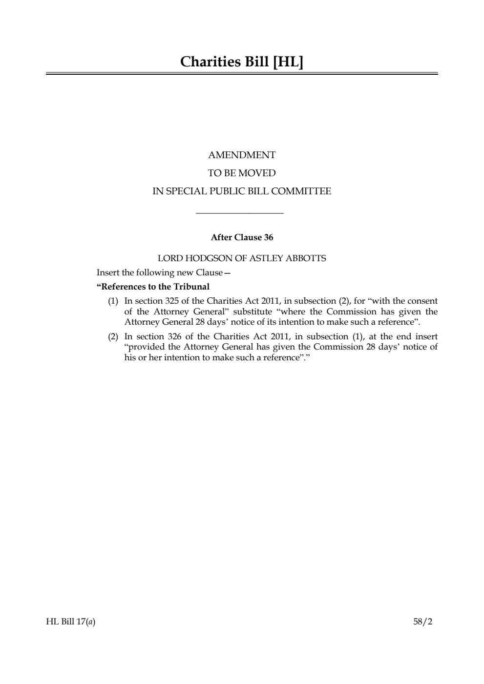 Charities Bill Amendment to be moved in Special Public Bill Committee