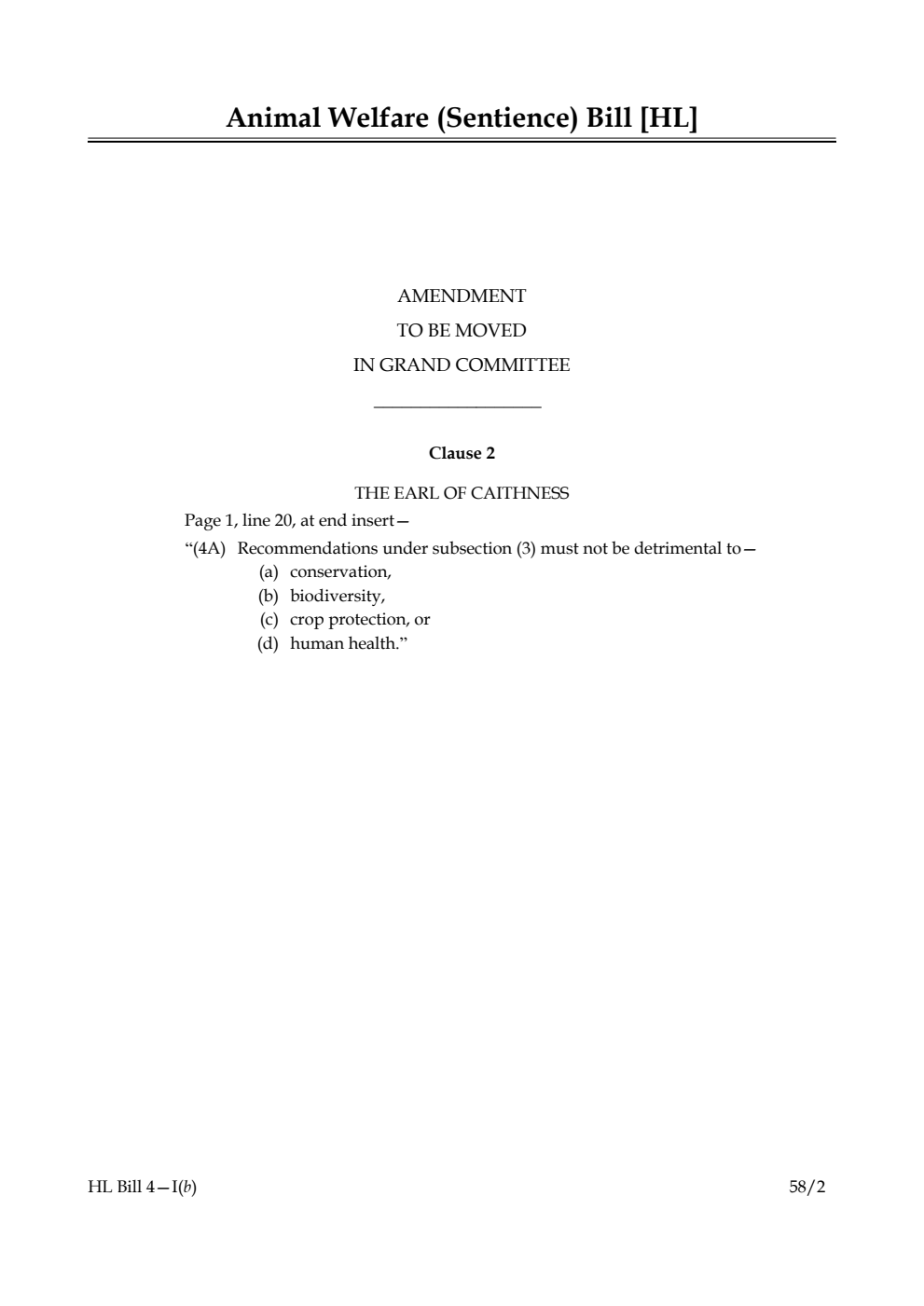 Animal Welfare (Sentience) Bill Amendment to be moved in Grand Committee