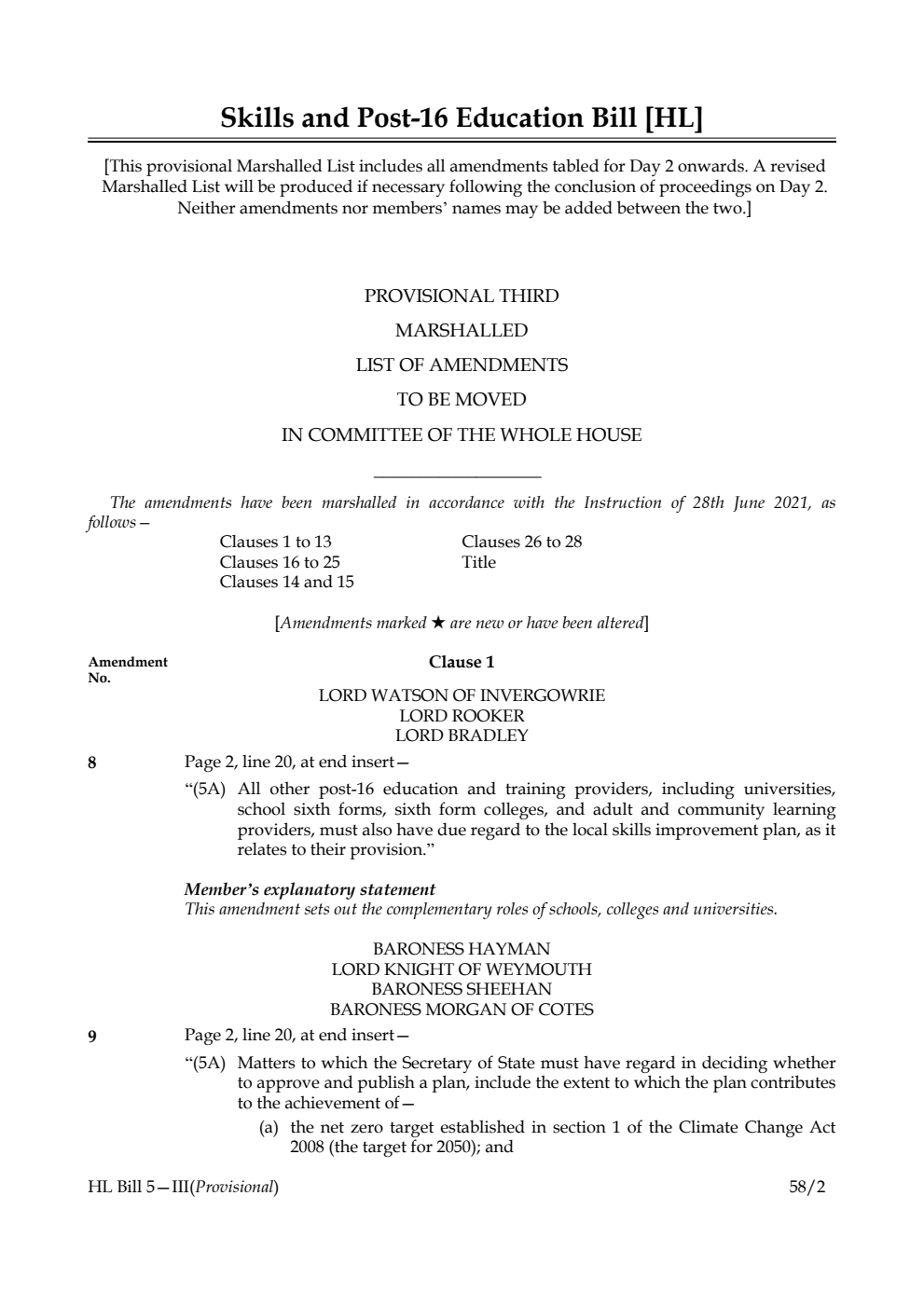 Skills and Post-16 Education Bill Provisional Third Marshalled List of Amendments to be moved in Committee of the Whole House