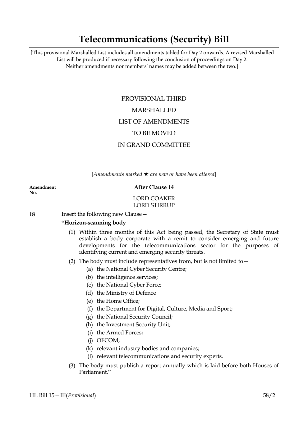 Telecommunications (Security) Bill Provisional Third Marshalled List of amendments to be moved in Grand Committee