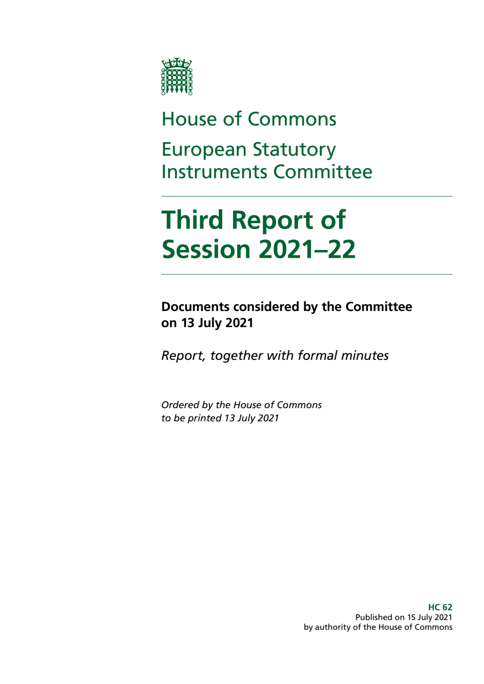 European Statutory Instruments Committee 3rd Report of Session 2021-22