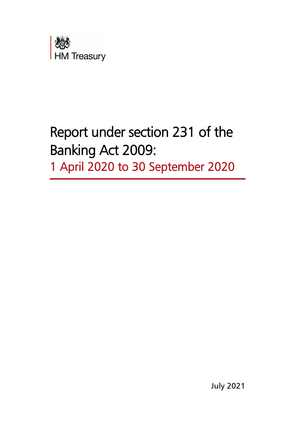 Report under section 231 of the Banking Act 2009: 1 April 2020 to 30 September 2020